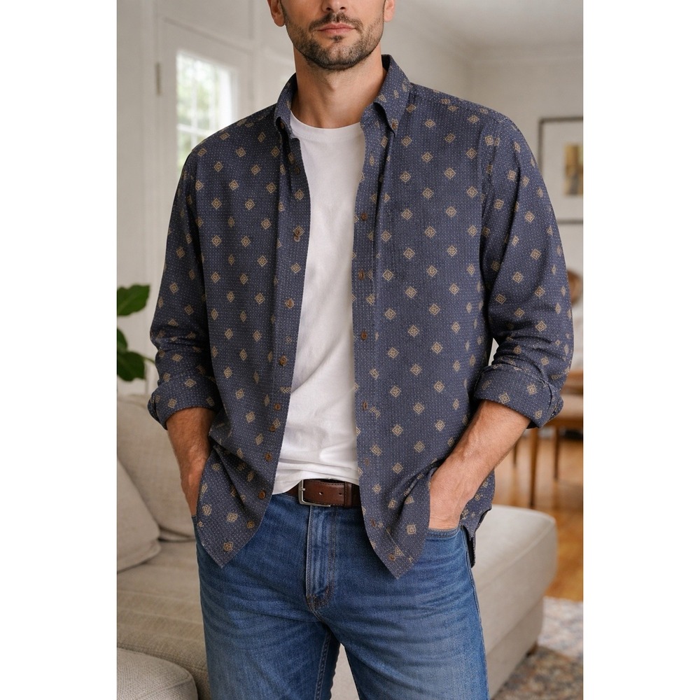 Bugle Boy Men's XXL Button Down Shirt Blue Geometric Print 90s Cotton Relaxed